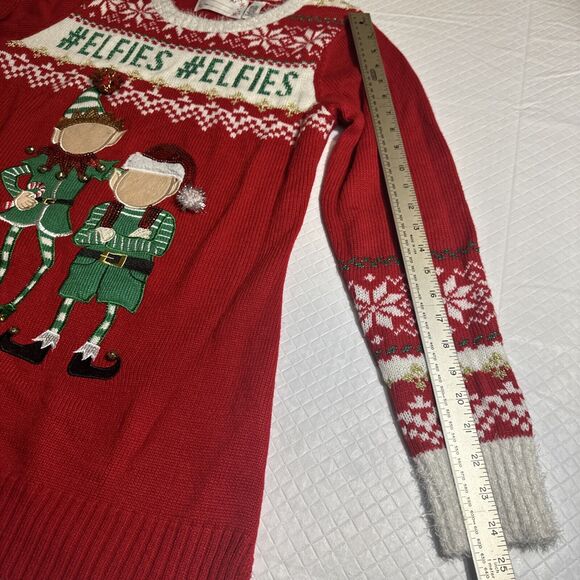 Merry & Bright Ugly Christmas Sweater #Elfies Women's Medium‎ Red Green Cream - Picture 6 of 9